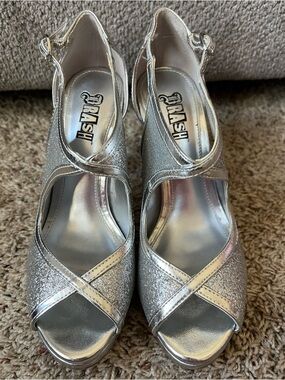 Brash Silver Glitter Peep-Toe Crisscross Slingback Heels
